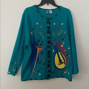 Vintage Onque Casuals  bright musical instrument print cotton cardigan sweater